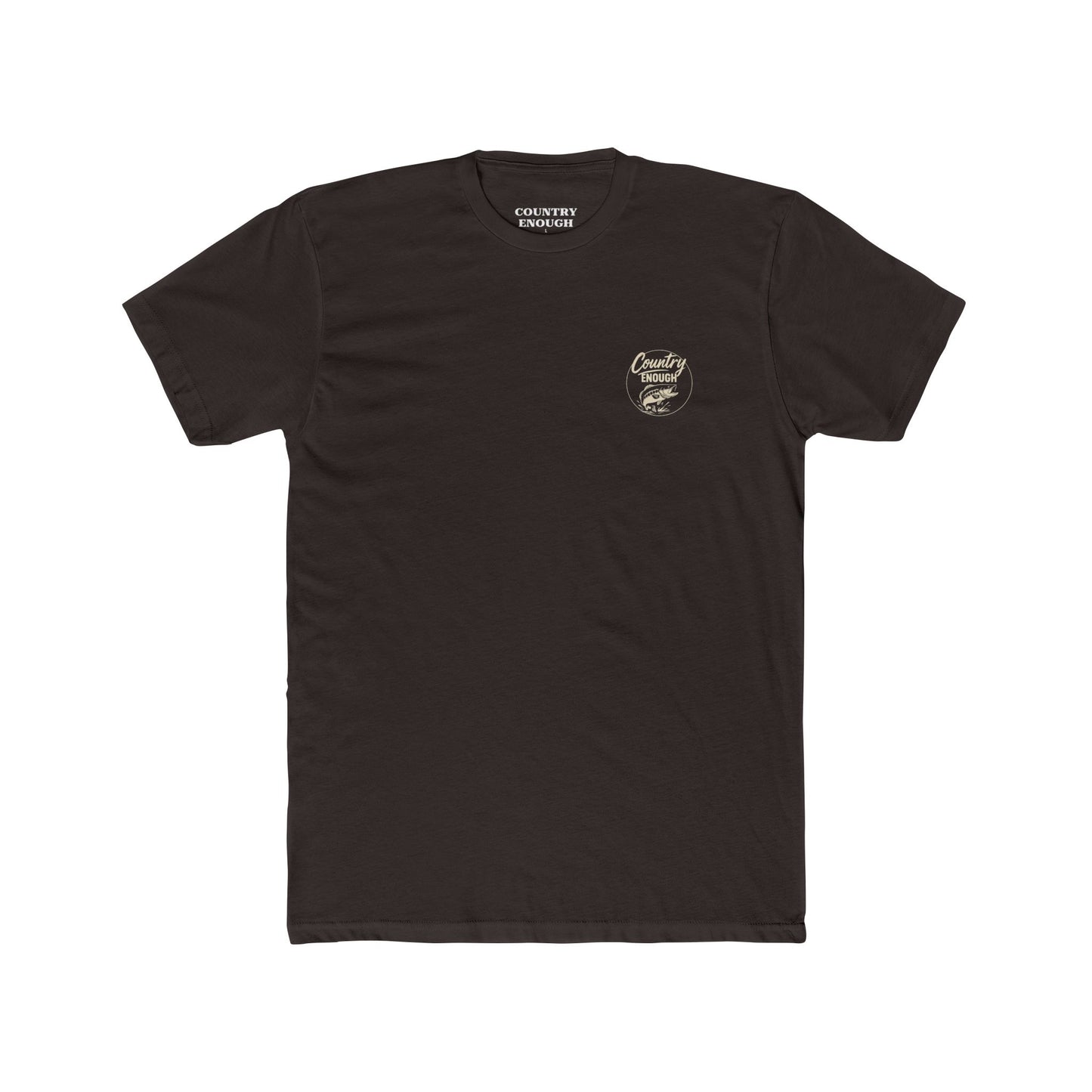 Dark Brown t-shirt with graphic of a leaping bass and the words country enough #darkbrown