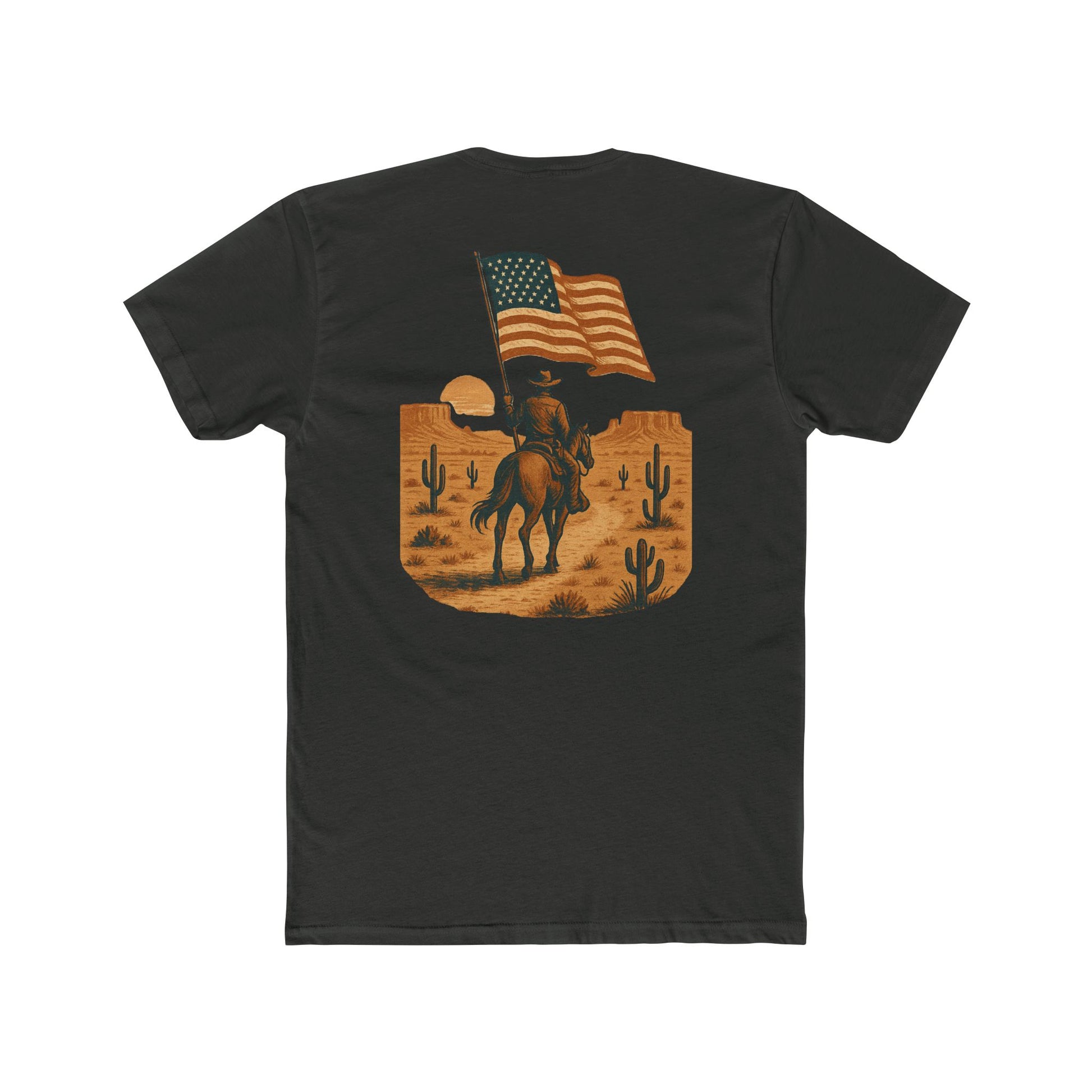 Vintage Black t-shirt with graphic of western horse and rider holding the American flag in the desert with cacti at sunset #vintageblack