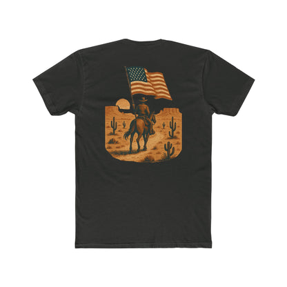 Vintage Black t-shirt with graphic of western horse and rider holding the American flag in the desert with cacti at sunset #vintageblack