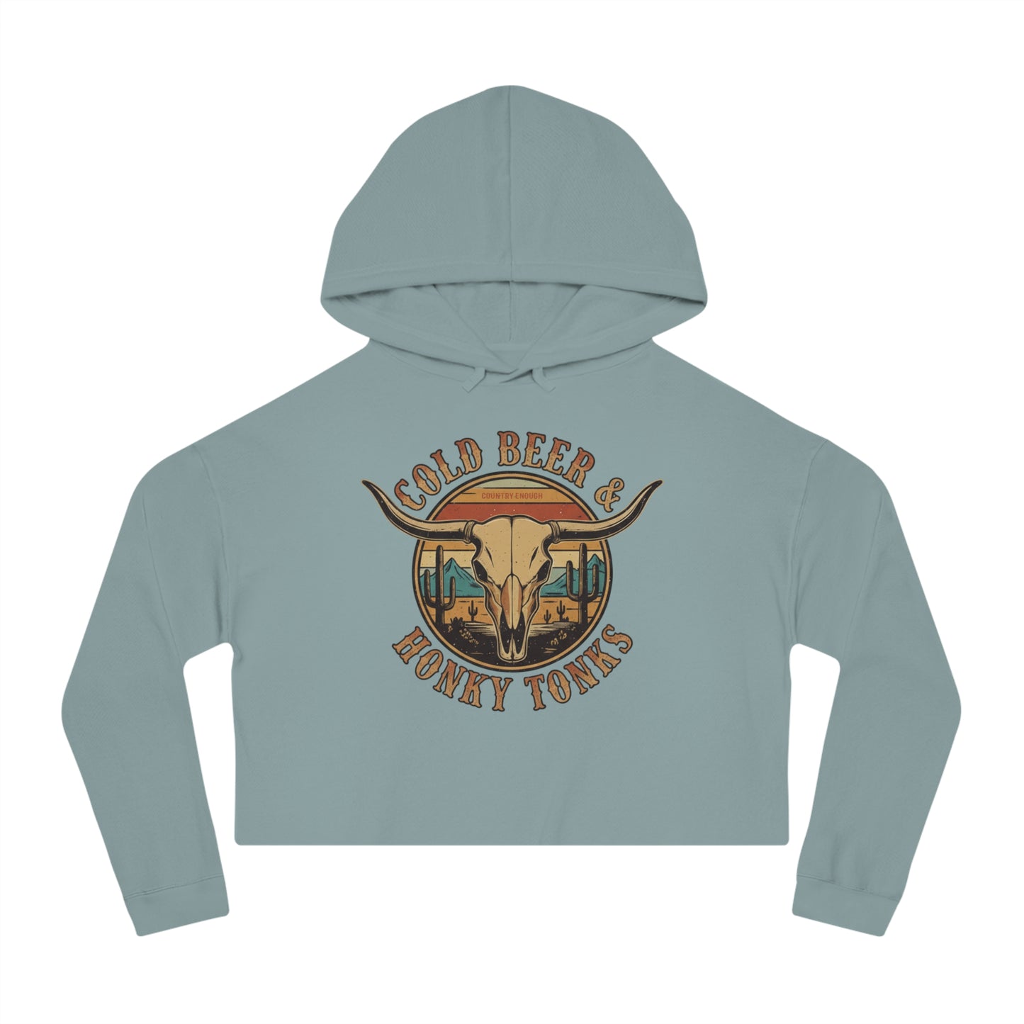 Mineral crop hoodie with graphic of longhorn, cacti, and mountains over a retro background with words cold beer and honky tonks #mineral