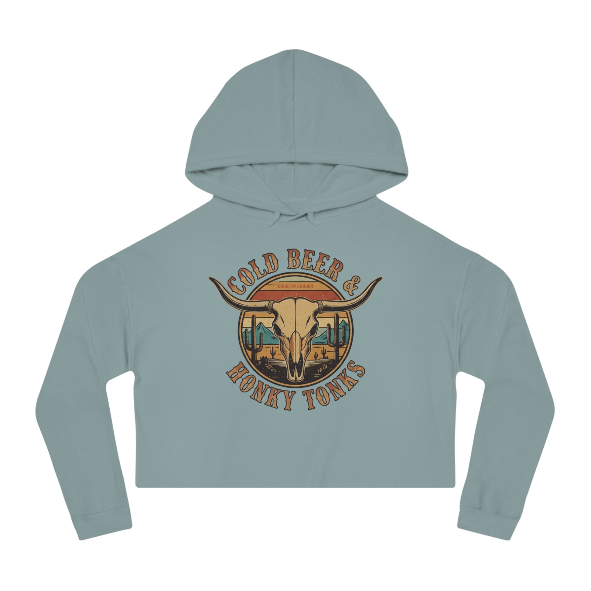 Mineral crop hoodie with graphic of longhorn, cacti, and mountains over a retro background with words cold beer and honky tonks #mineral