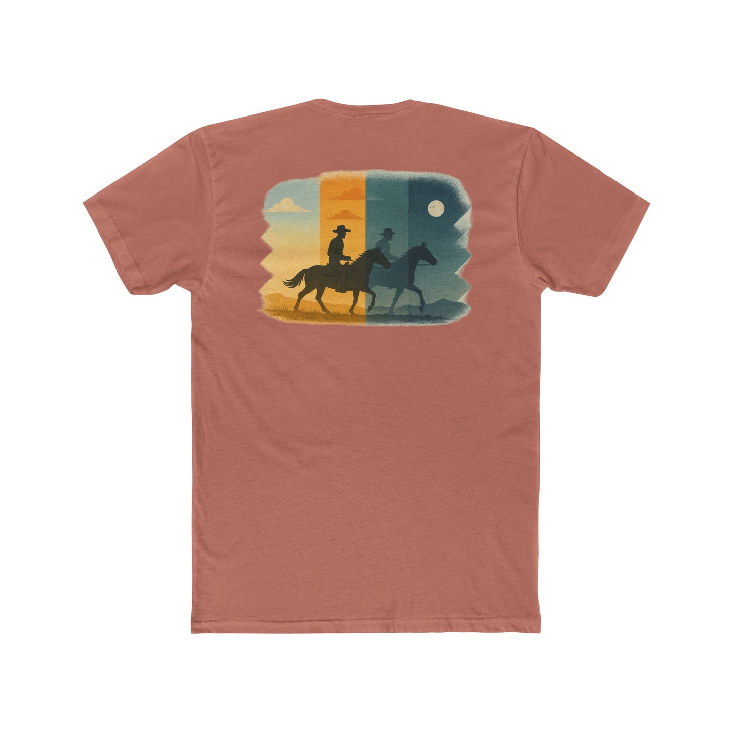 Desert Pink t-shirt with graphic of cowboy riding through a desert landscape at different times of the day #desertpink