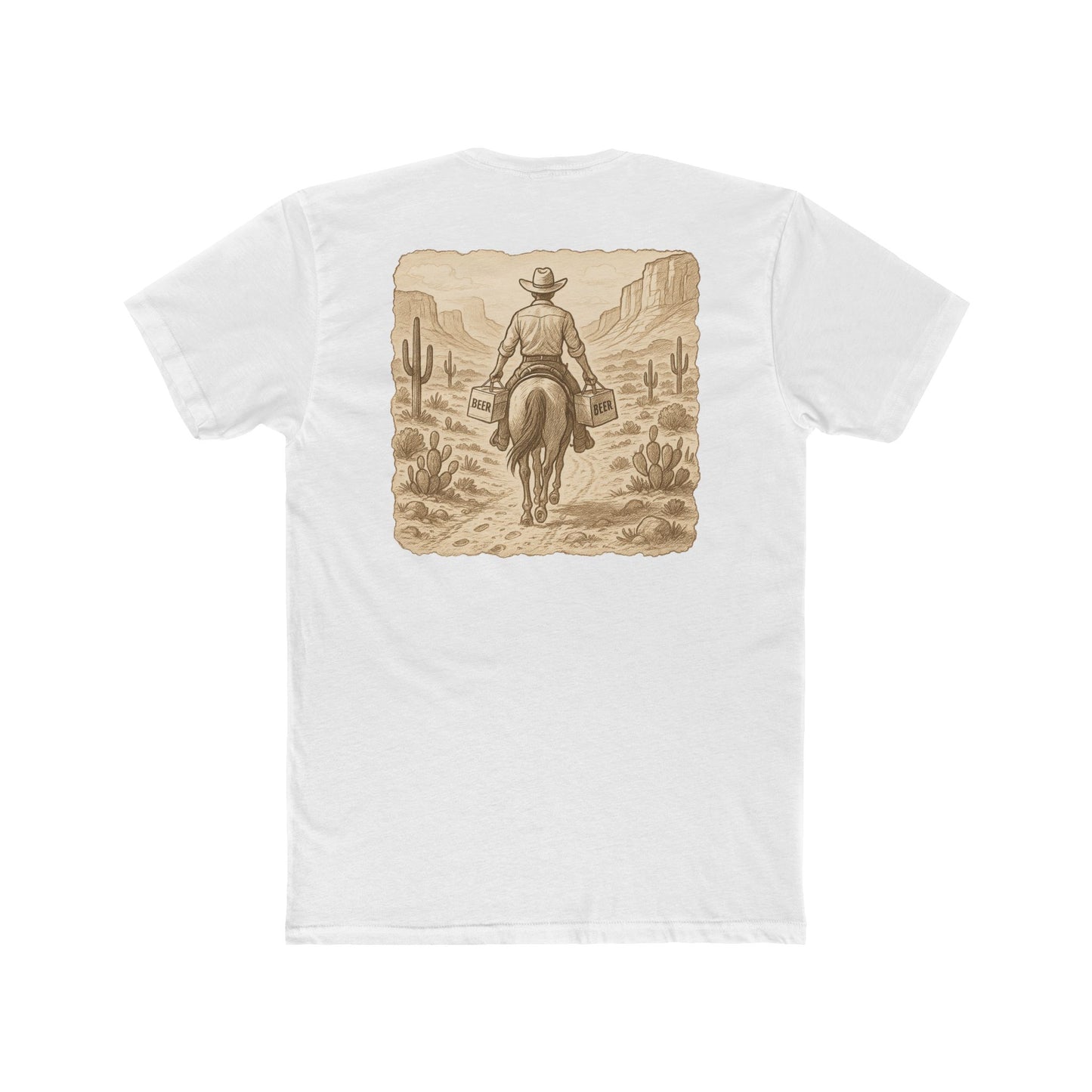 White t-shirt with graphic of cowboy riding a horse through the desert holding two twelve packs of beer #white