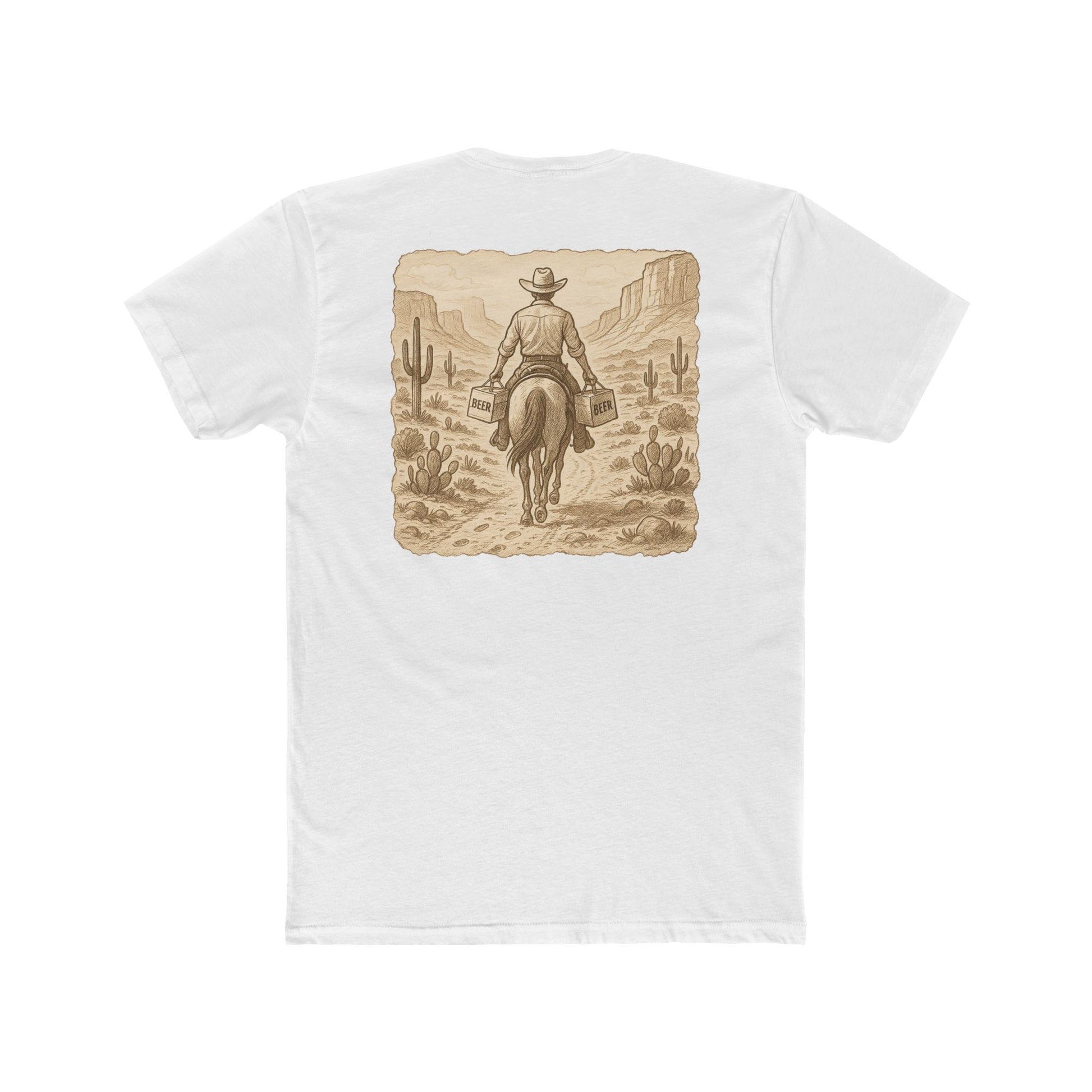 White t-shirt with graphic of cowboy riding a horse through the desert holding two twelve packs of beer #white