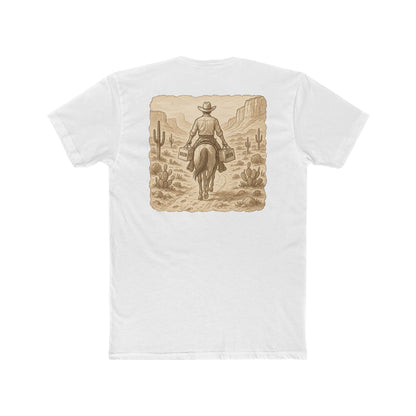 White t-shirt with graphic of cowboy riding a horse through the desert holding two twelve packs of beer #white