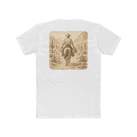 White t-shirt with graphic of cowboy riding a horse through the desert holding two twelve packs of beer #white