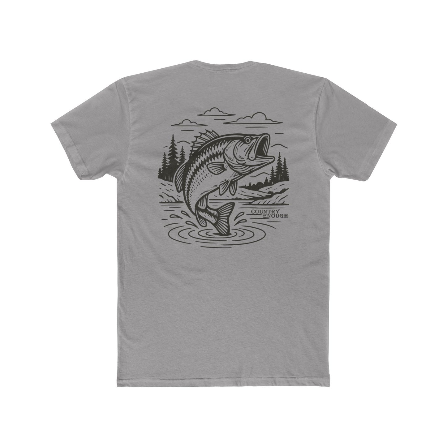 Gray t-shirt with graphic of a bass jumping out of mountainside water #gray