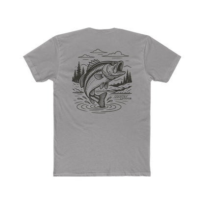 Gray t-shirt with graphic of a bass jumping out of mountainside water #gray
