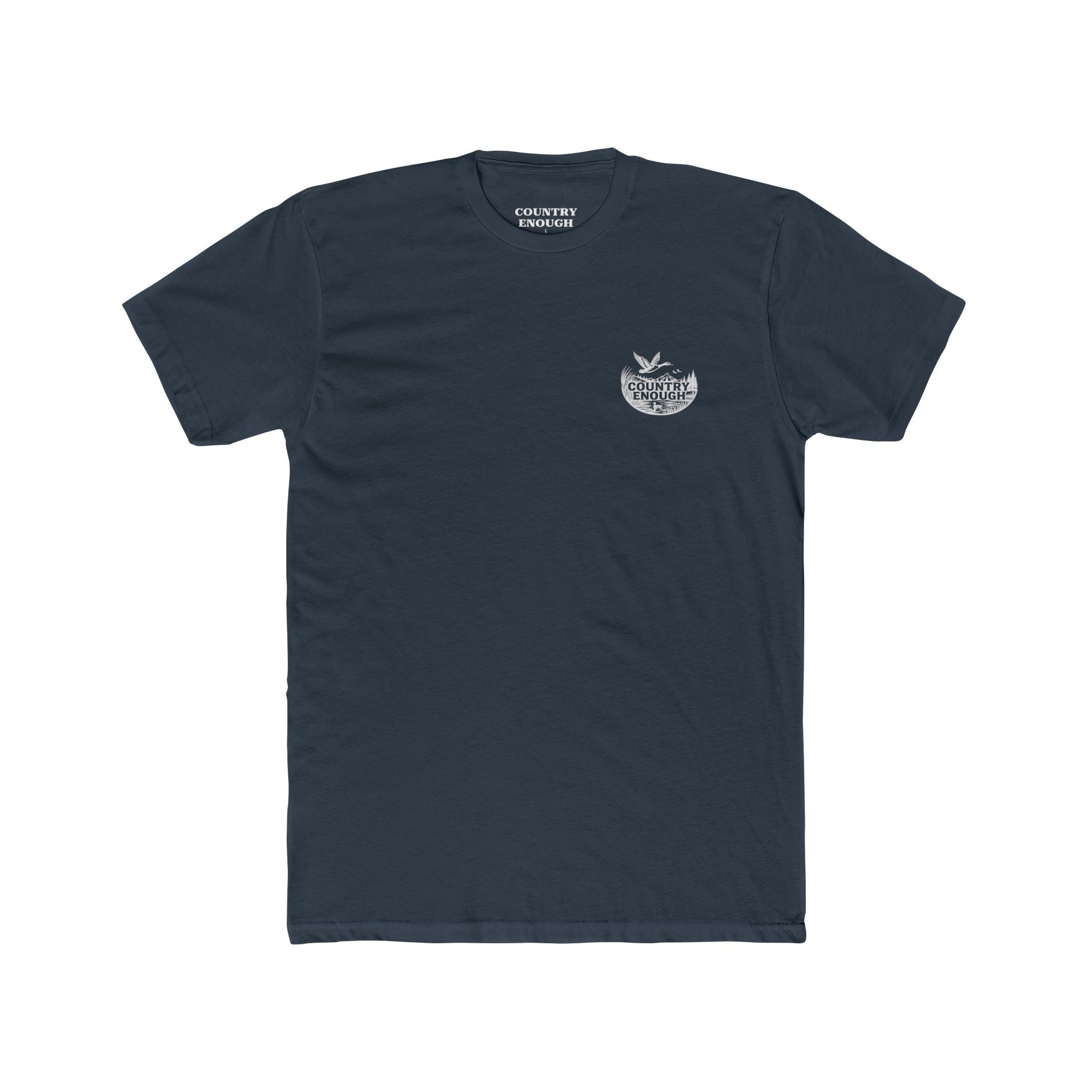 Indigo t-shirt with graphic of a duck, mountains, pine trees, and a lake #indigo