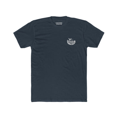 Indigo t-shirt with graphic of a duck, mountains, pine trees, and a lake #indigo