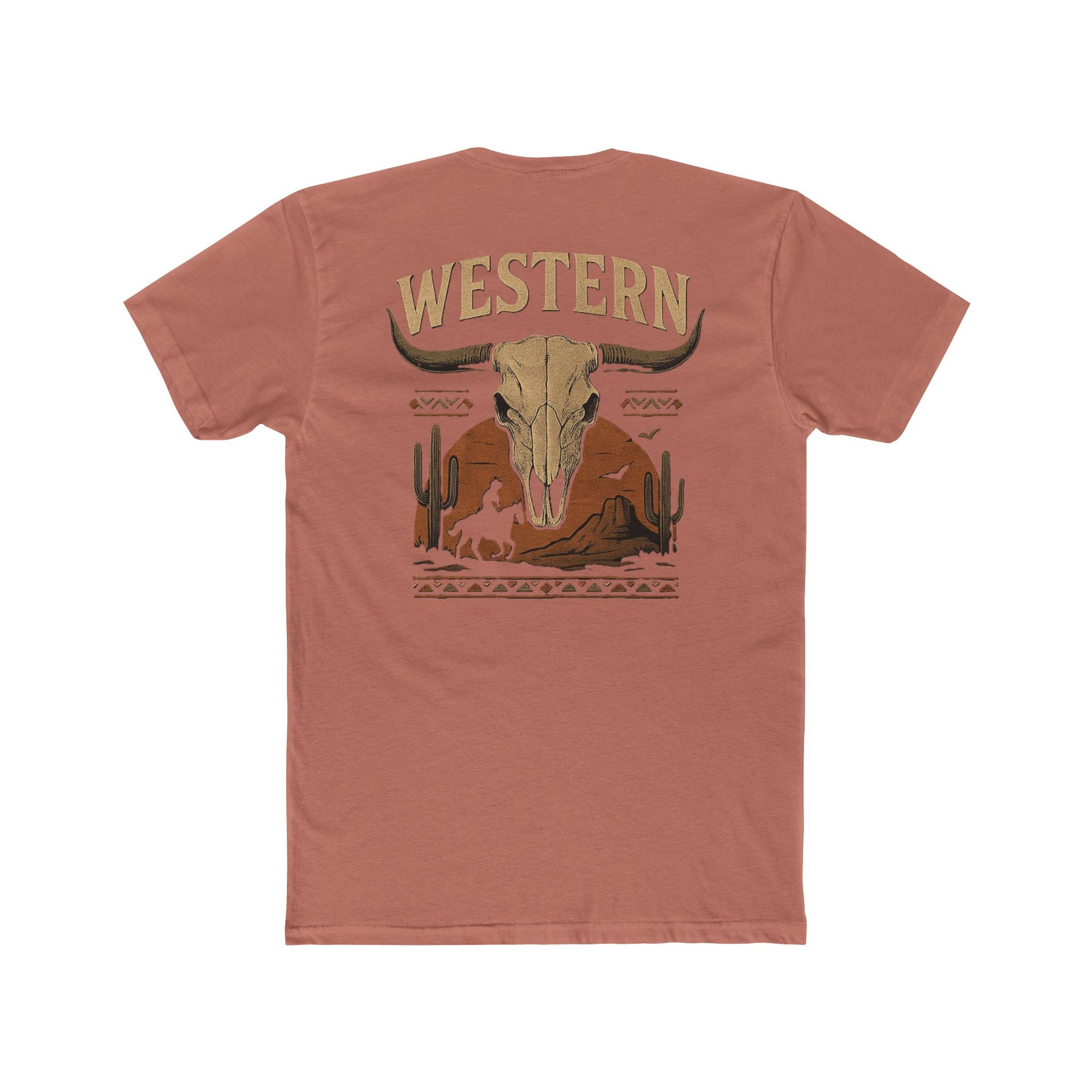 Desert Pink t-shirt with longhorn skull, aztec print, desert landscape, cacti, and cowboy silhouette with word Western across the top #desertpink