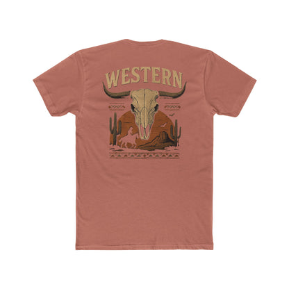 Desert Pink t-shirt with longhorn skull, aztec print, desert landscape, cacti, and cowboy silhouette with word Western across the top #desertpink