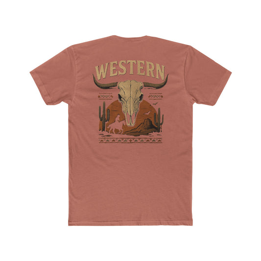 Desert Pink t-shirt with longhorn skull, aztec print, desert landscape, cacti, and cowboy silhouette with word Western across the top #desertpink