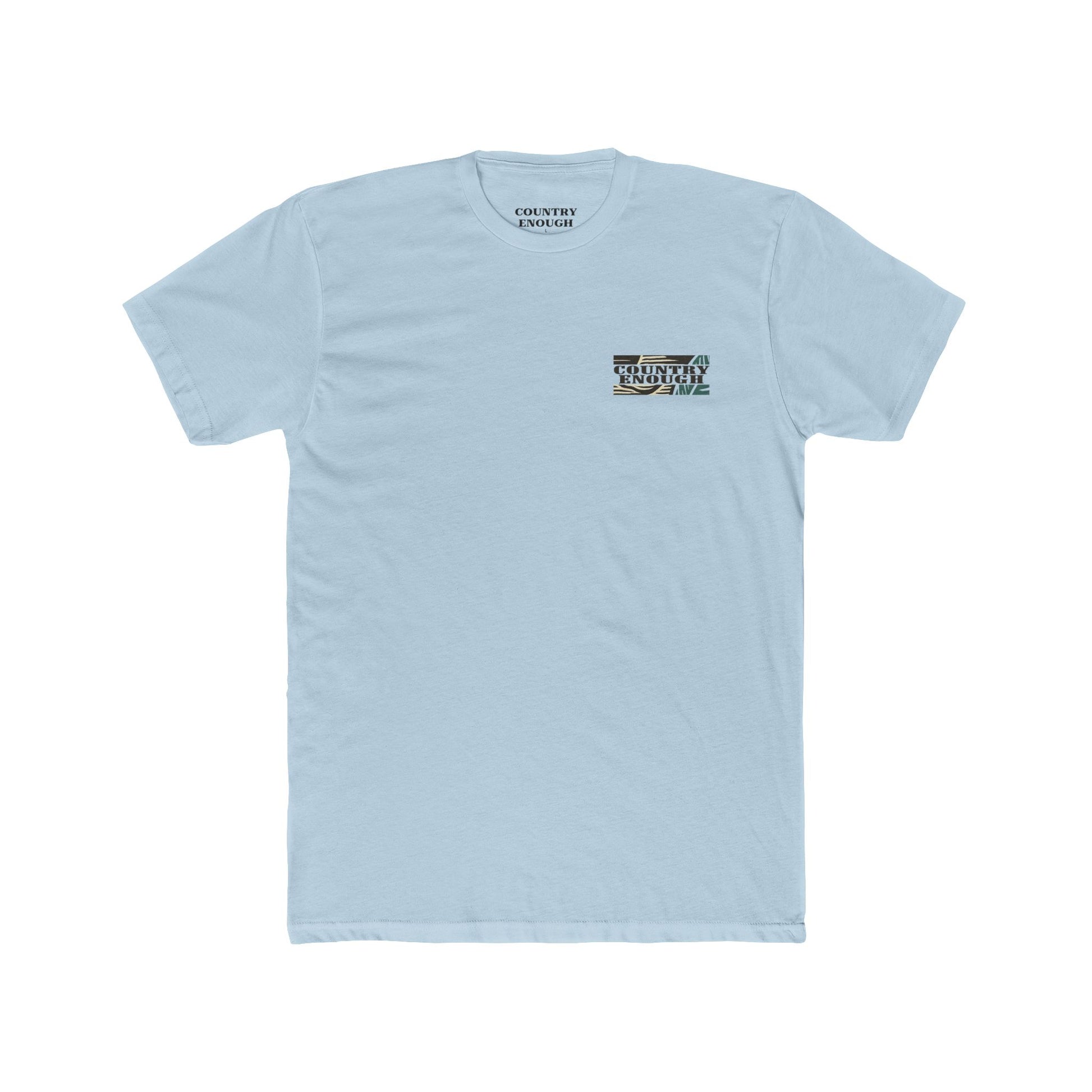 Light Blue t-shirt with graphic of a big star, mountain design inside the star, and large feather overlapping #lightblue