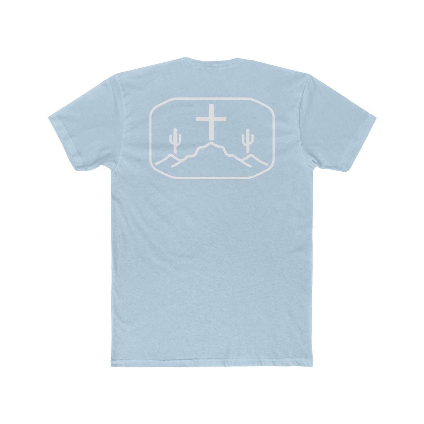 Light Blue t-shirt with cross, cacti, and mountains graphic #lightblue