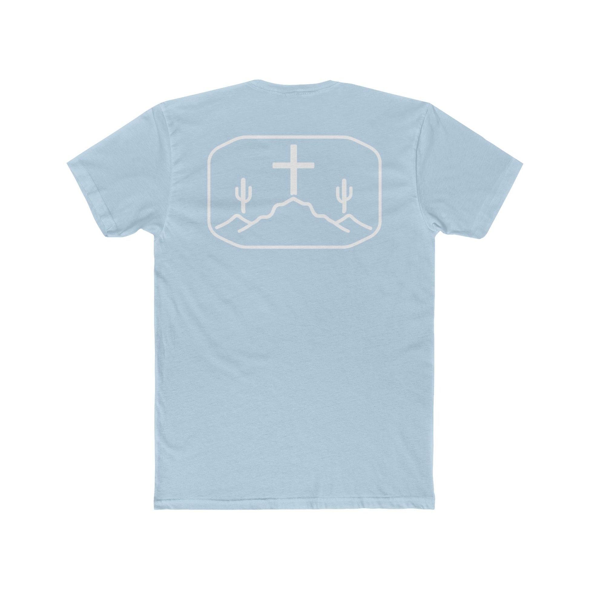 Light Blue t-shirt with cross, cacti, and mountains graphic #lightblue