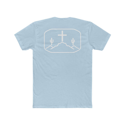 Light Blue t-shirt with cross, cacti, and mountains graphic #lightblue