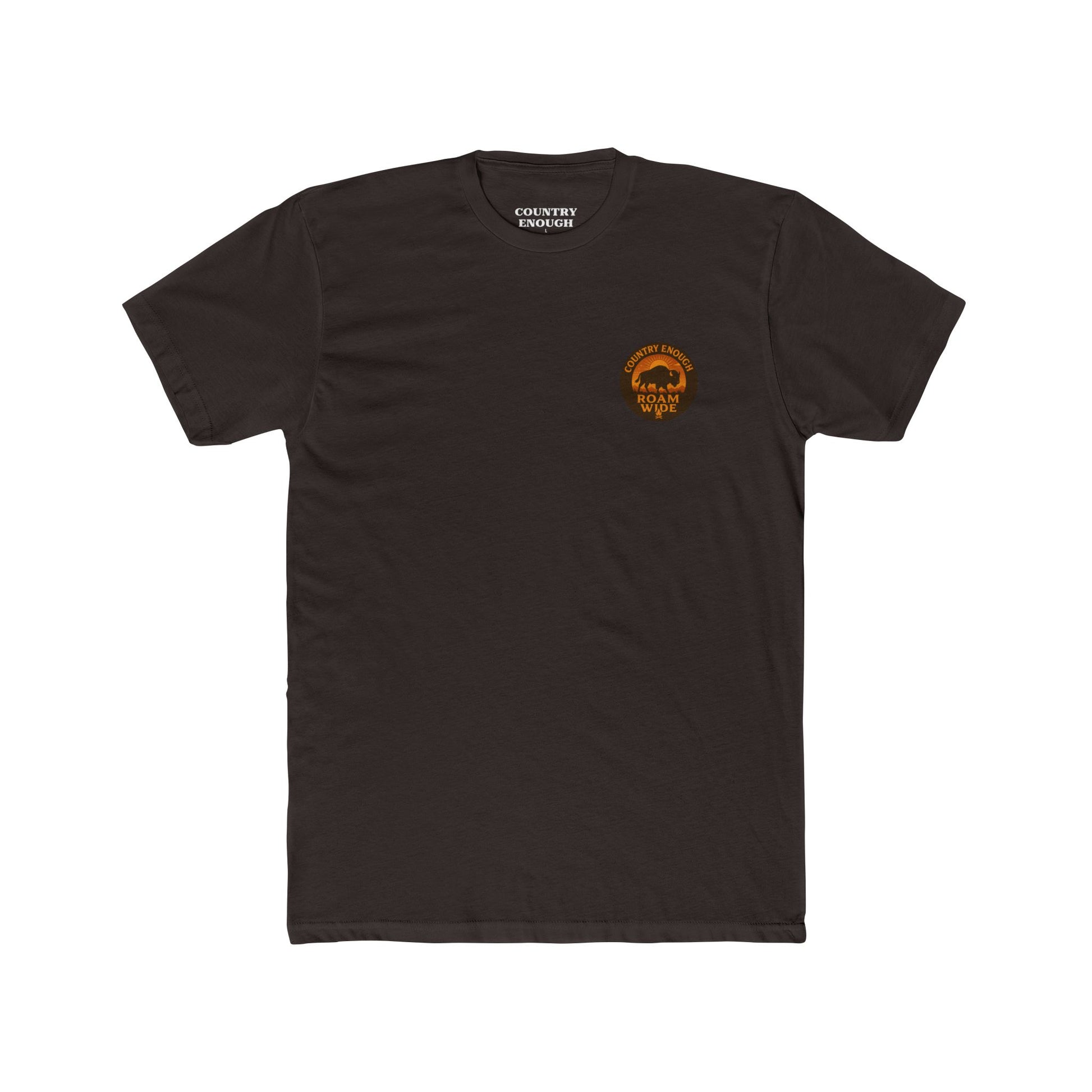 Dark Brown t-shirt with circular graphic with a bison, mountains, campfire, sun shining, and the words roam wide #darkbrown