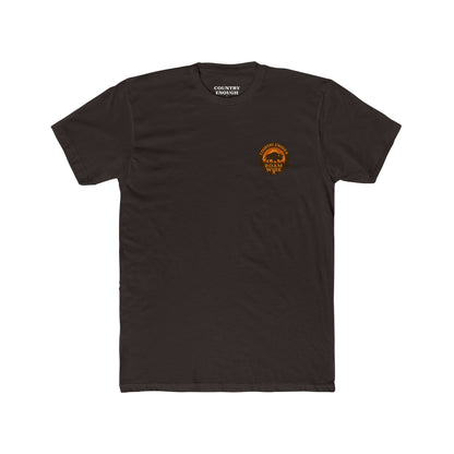 Dark Brown t-shirt with circular graphic with a bison, mountains, campfire, sun shining, and the words roam wide #darkbrown