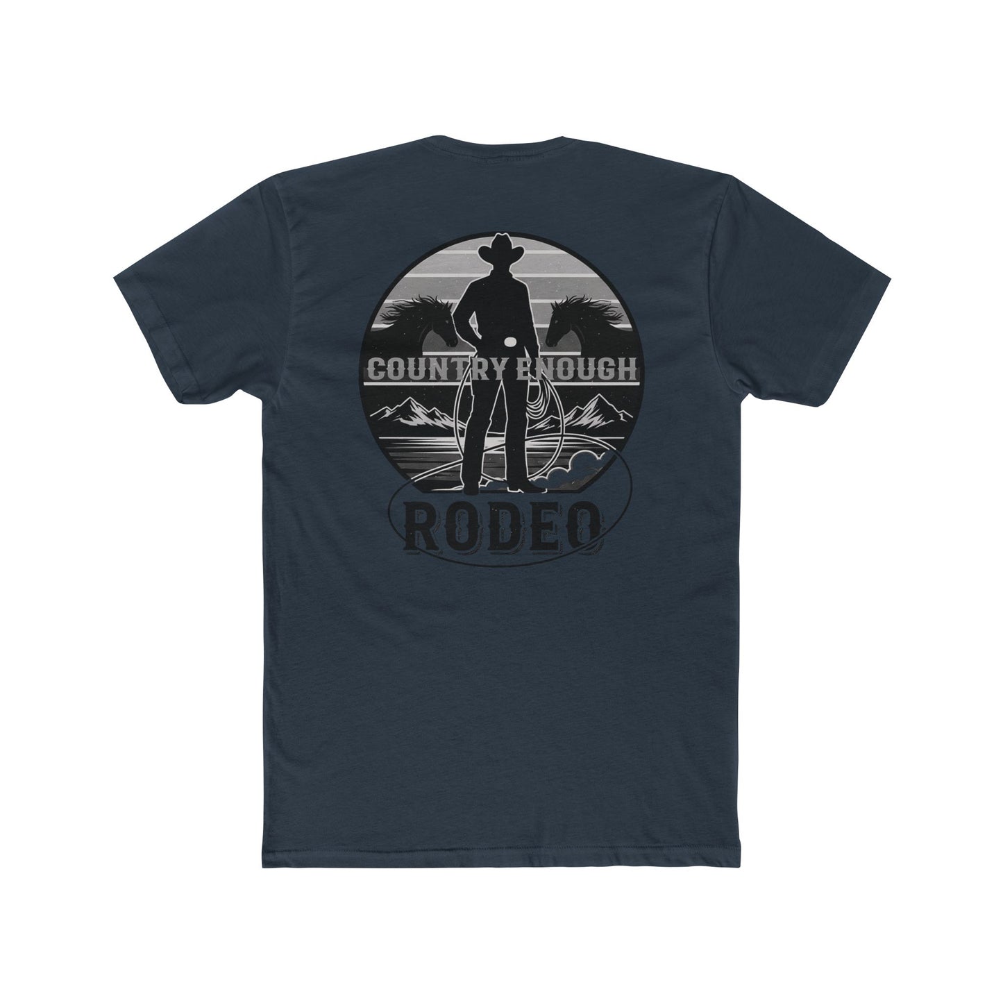 Indigo t-shirt with words country enough and rodeo, a cowboy silhouette, horses, lasso and mountains #indigo