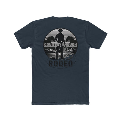 Indigo t-shirt with words country enough and rodeo, a cowboy silhouette, horses, lasso and mountains #indigo