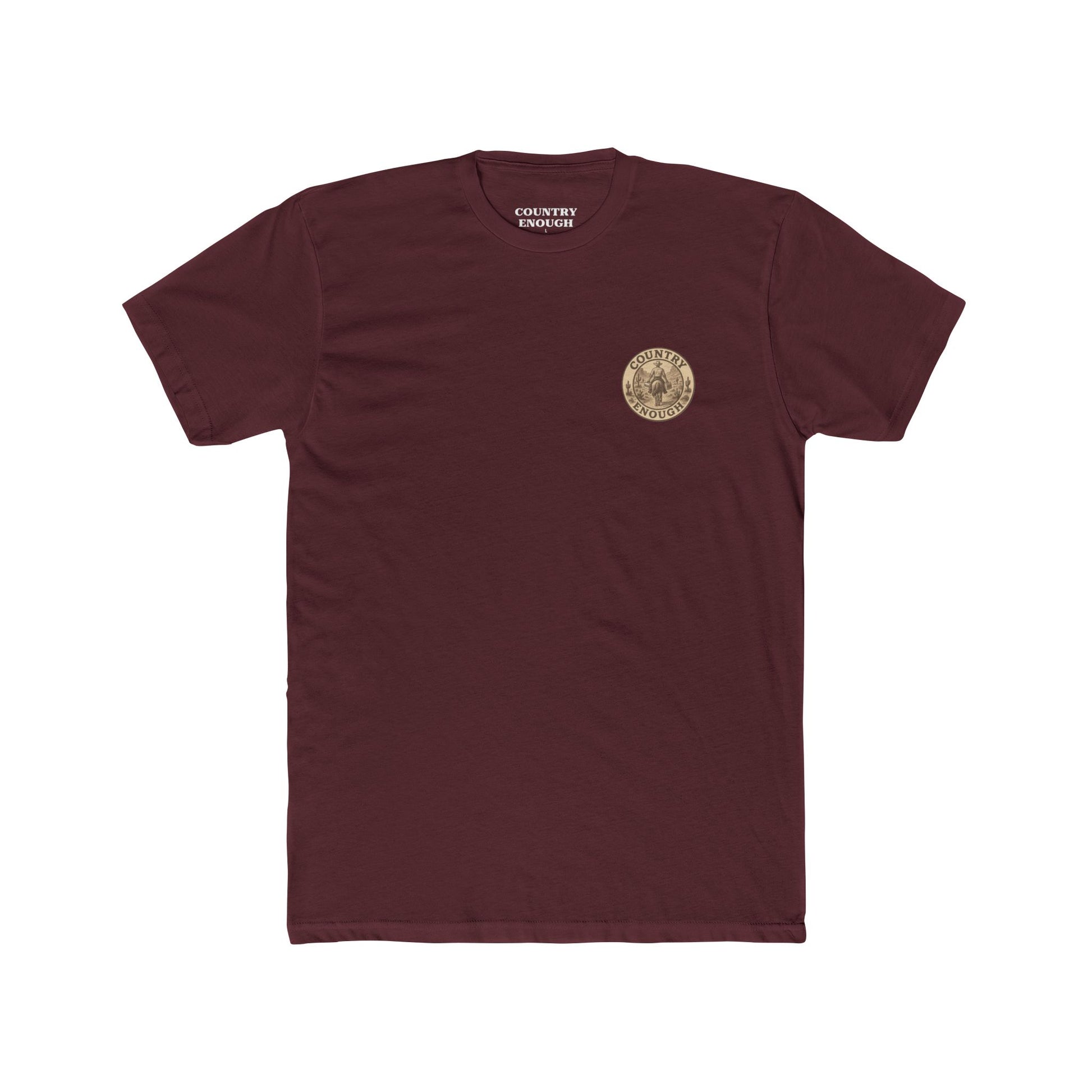 Maroon t-shirt with graphic of cowboy riding a horse through the desert holding two twelve packs of beer #maroon