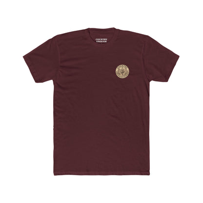 Maroon t-shirt with graphic of cowboy riding a horse through the desert holding two twelve packs of beer #maroon