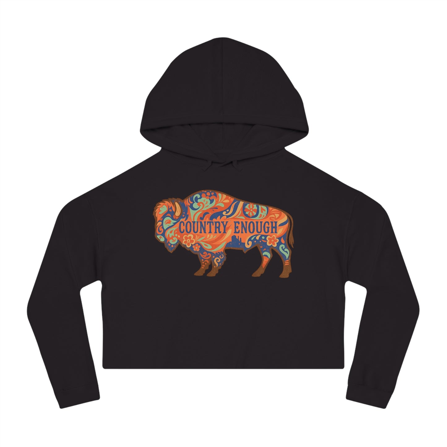 Black crop hoodie with floral bison graphic and country enough text #black