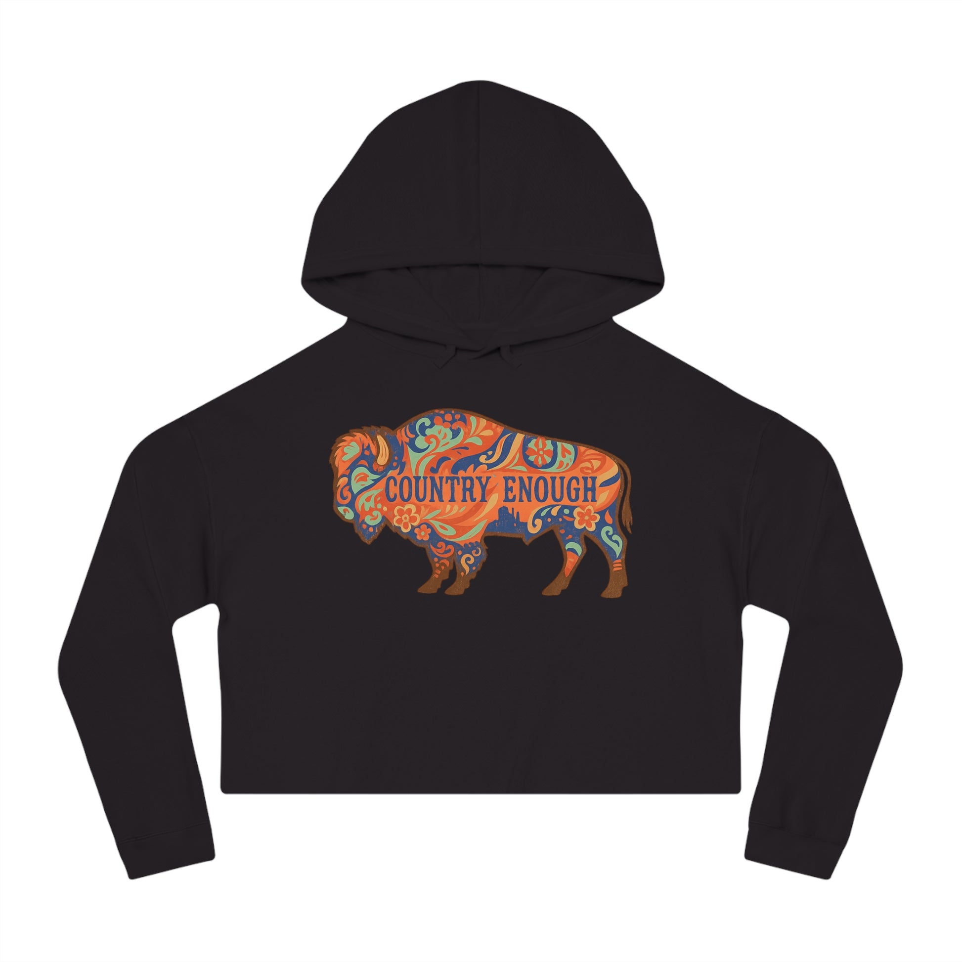 Black crop hoodie with floral bison graphic and country enough text #black