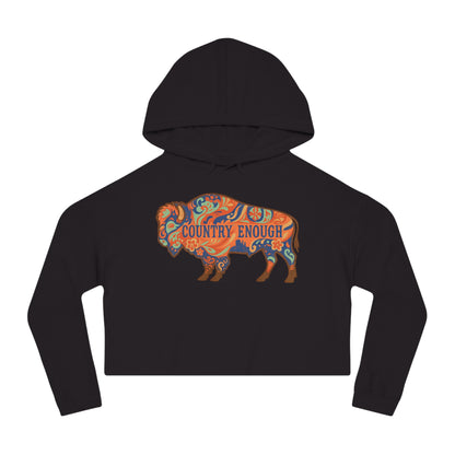 Black crop hoodie with floral bison graphic and country enough text #black