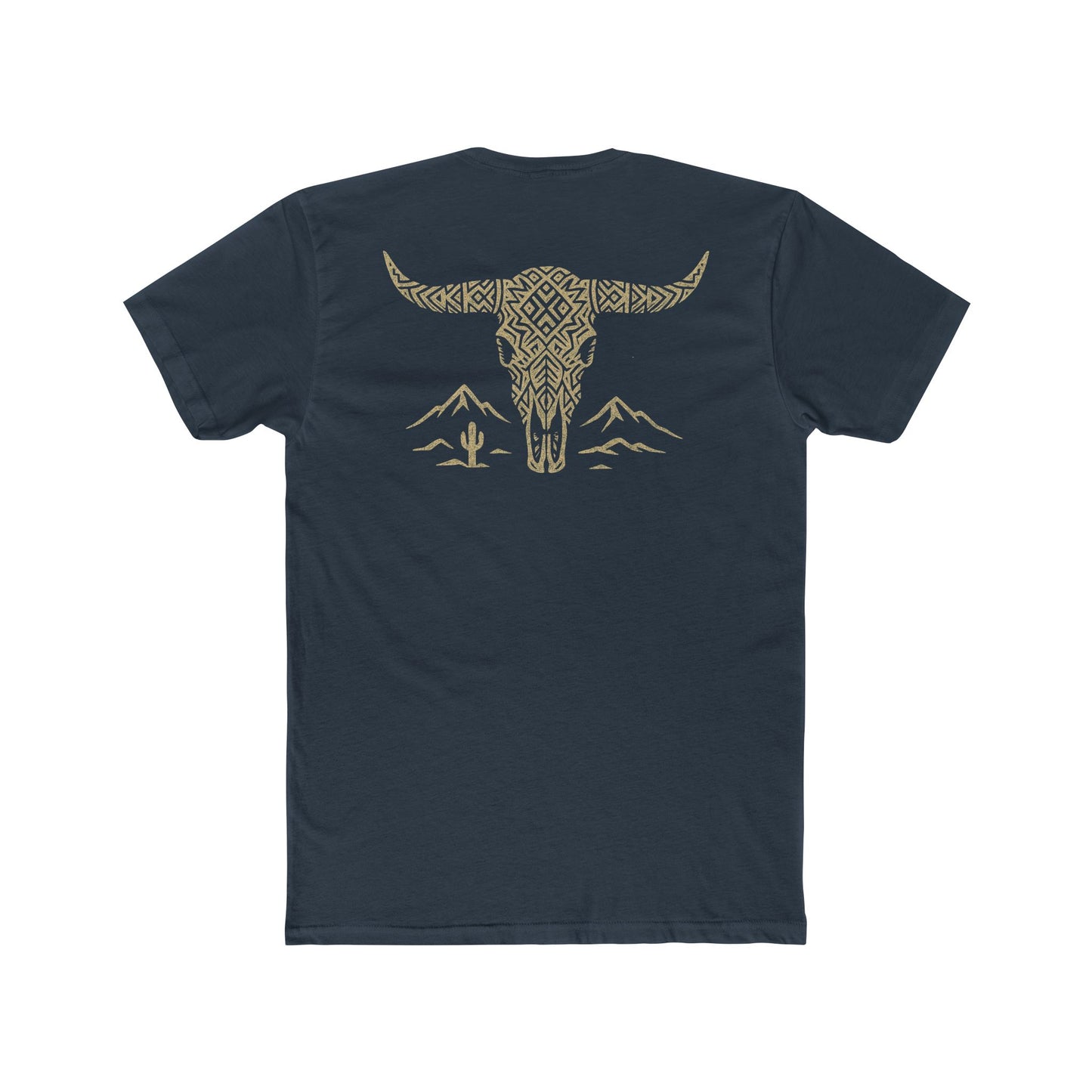 Indigo t-shirt with graphic of a aztec pattern in the shape of a bull skull, mountains, and a lone cactus #indigo