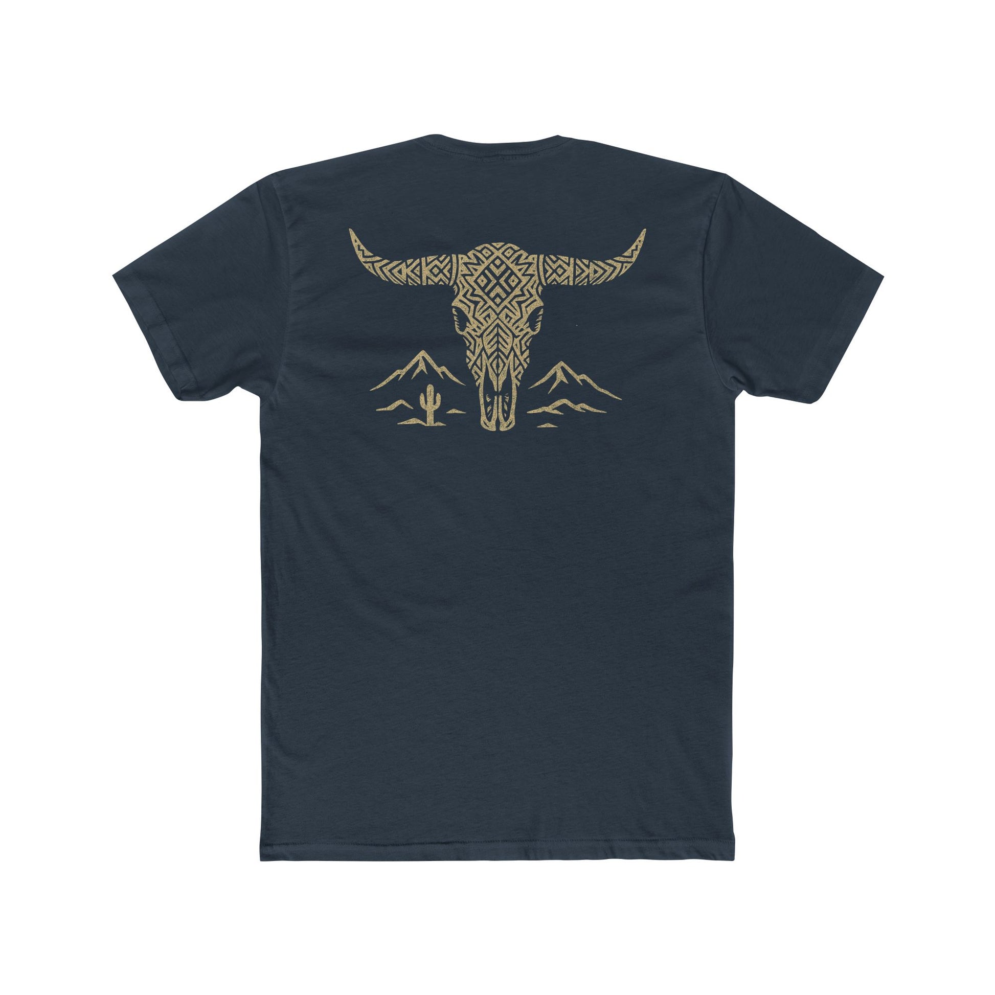 Indigo t-shirt with graphic of a aztec pattern in the shape of a bull skull, mountains, and a lone cactus #indigo