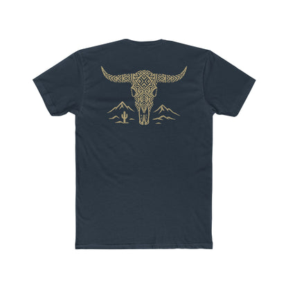 Indigo t-shirt with graphic of a aztec pattern in the shape of a bull skull, mountains, and a lone cactus #indigo