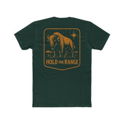 Forest Green T-Shirt with a bison, starry sky, and the words hold the range encompassed with a geometric border #forestgreen