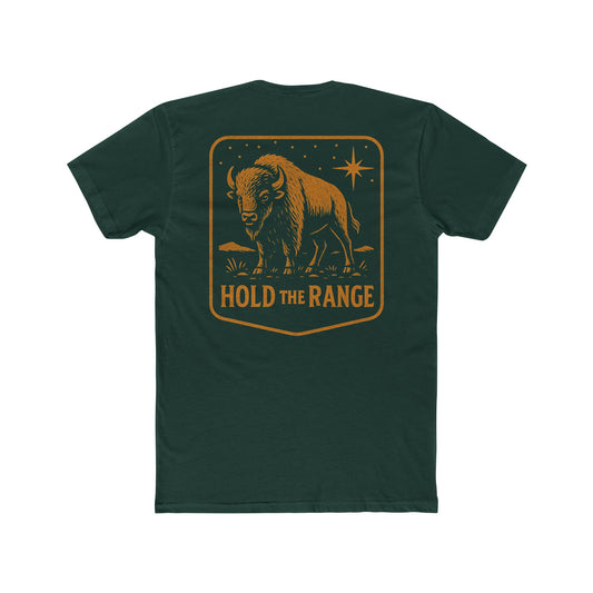 Forest Green T-Shirt with a bison, starry sky, and the words hold the range encompassed with a geometric border #forestgreen