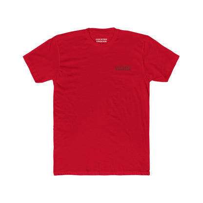 Red t-shirt with graphic of a bass jumping out of mountainside water #red