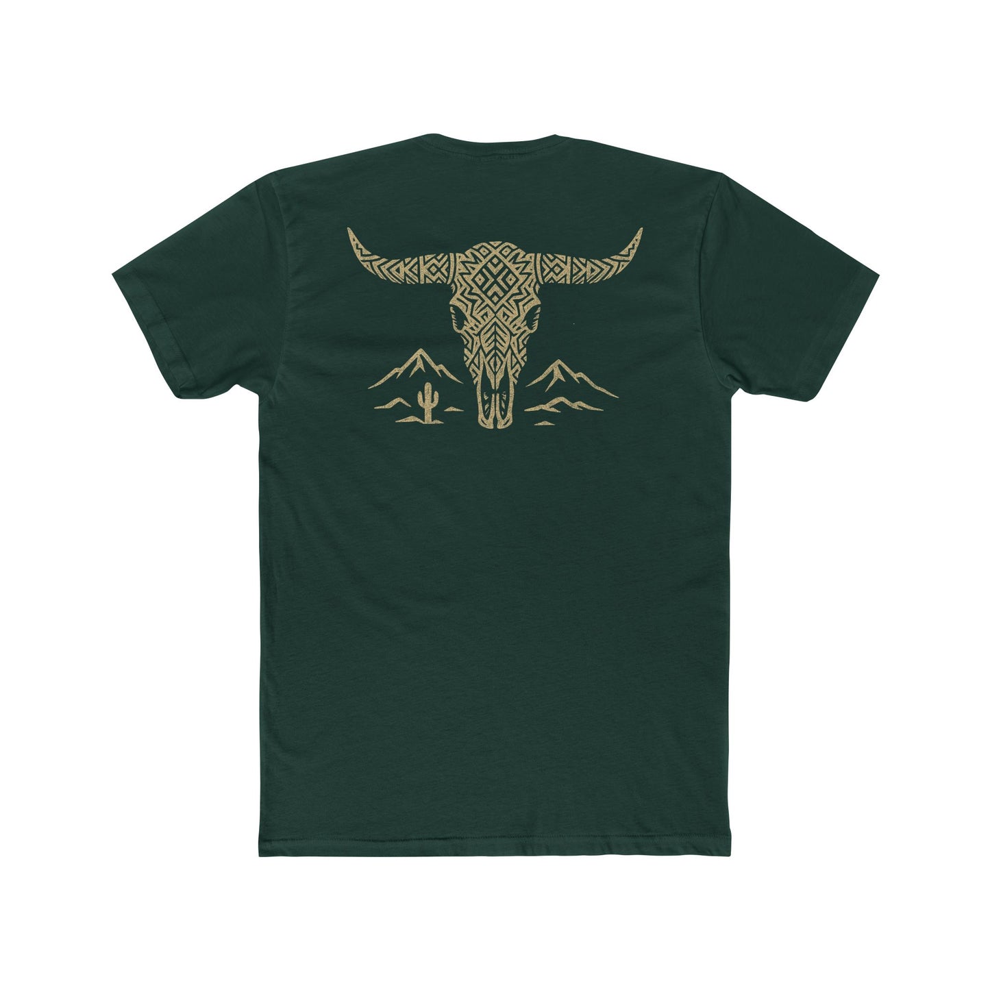 Forest Green t-shirt with graphic of a aztec pattern in the shape of a bull skull, mountains, and a lone cactus #forestgreen