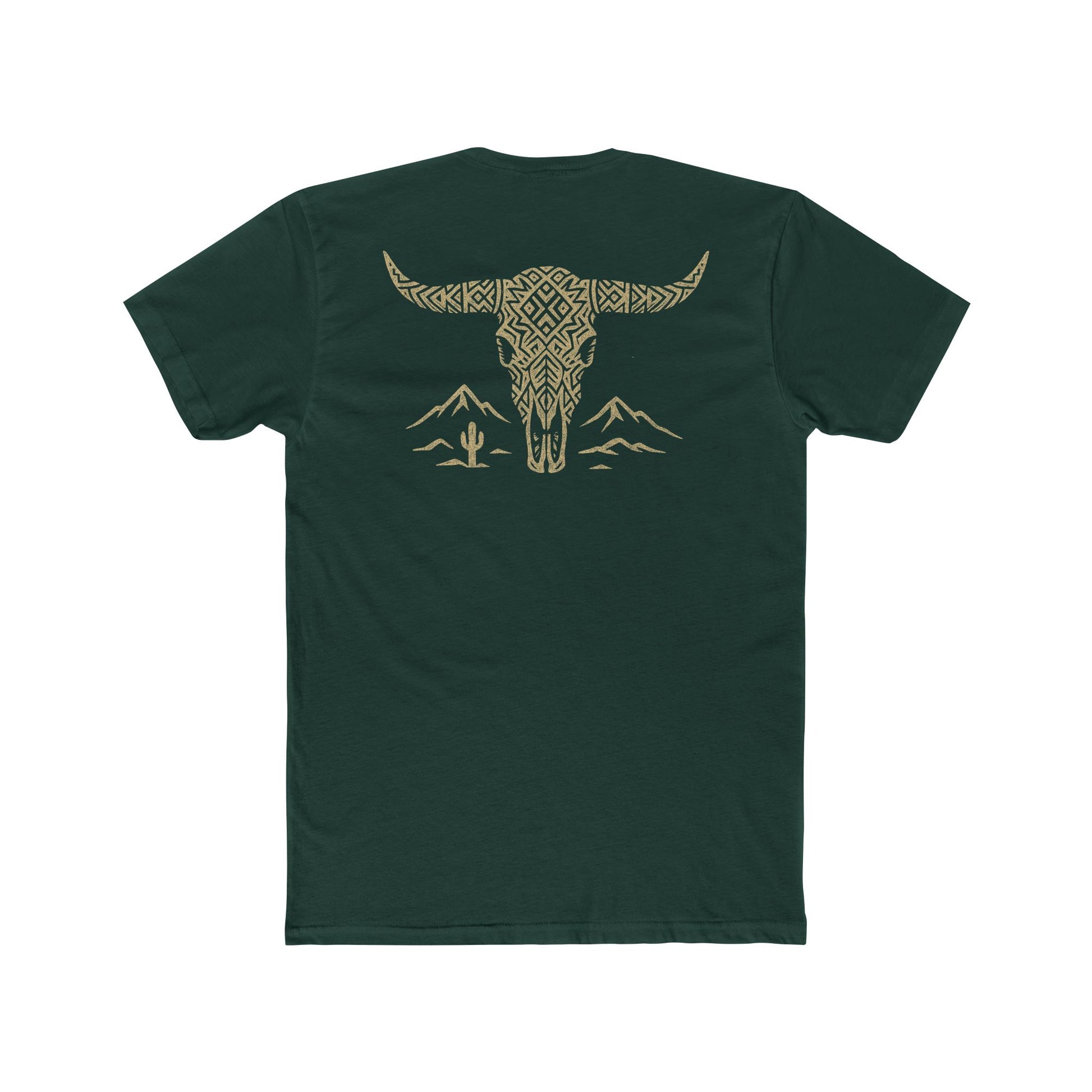 Forest Green t-shirt with graphic of a aztec pattern in the shape of a bull skull, mountains, and a lone cactus #forestgreen