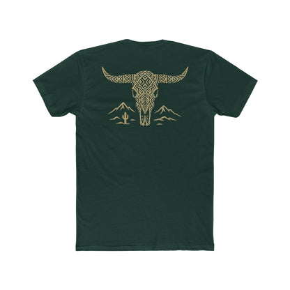 Forest Green t-shirt with graphic of a aztec pattern in the shape of a bull skull, mountains, and a lone cactus #forestgreen