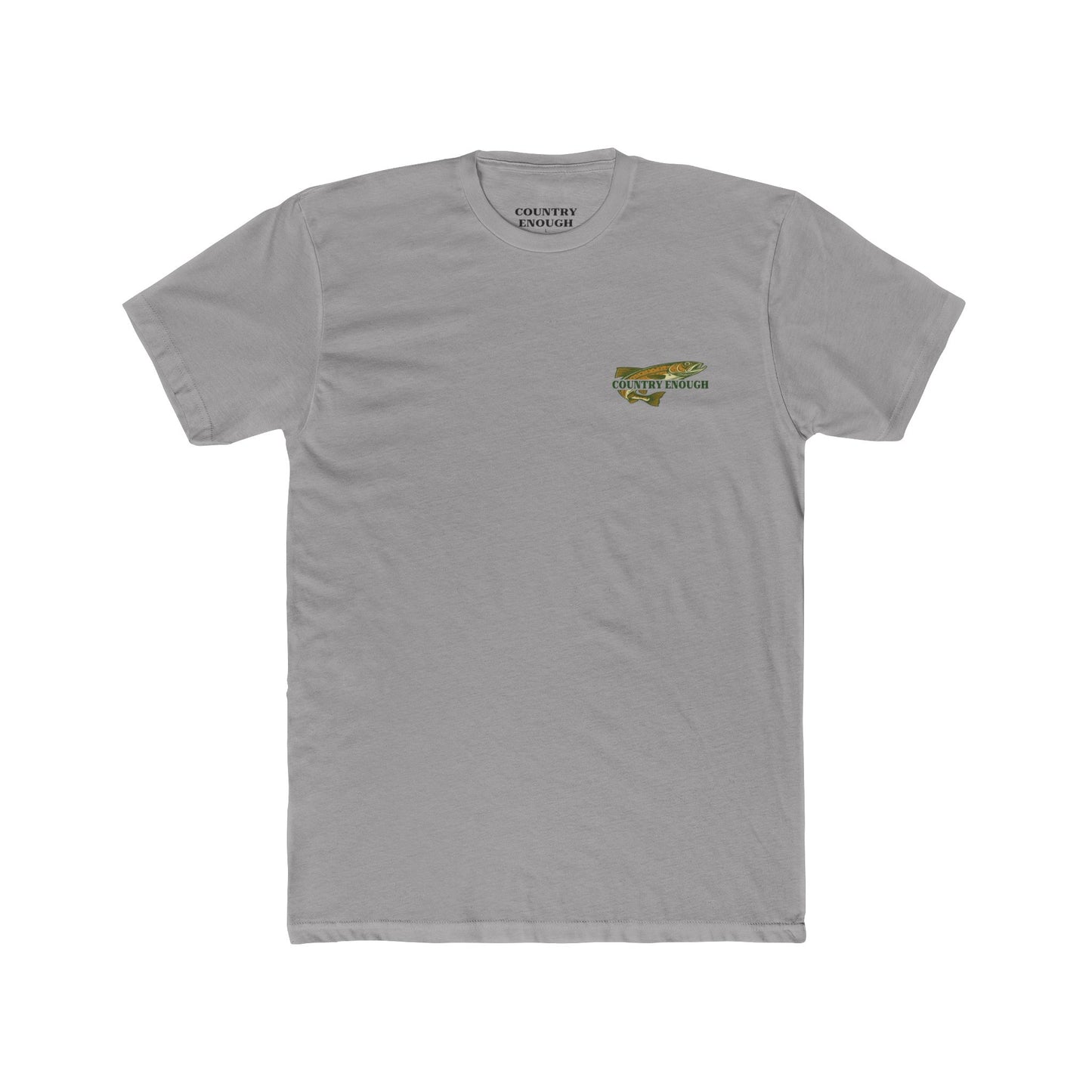 Gray t-shirt with a trout, mountains, trees and water graphic #gray