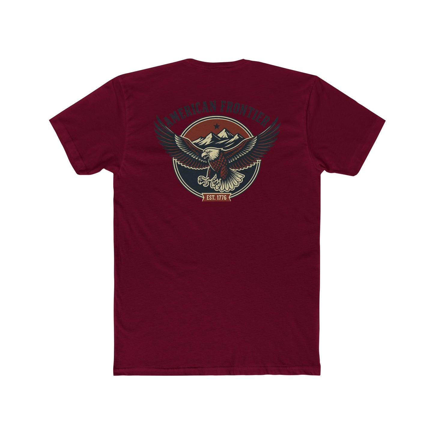 Maroon t-shirt featuring graphic of an eagle, mountains, and the words American Frontier Est 1776 #maroon