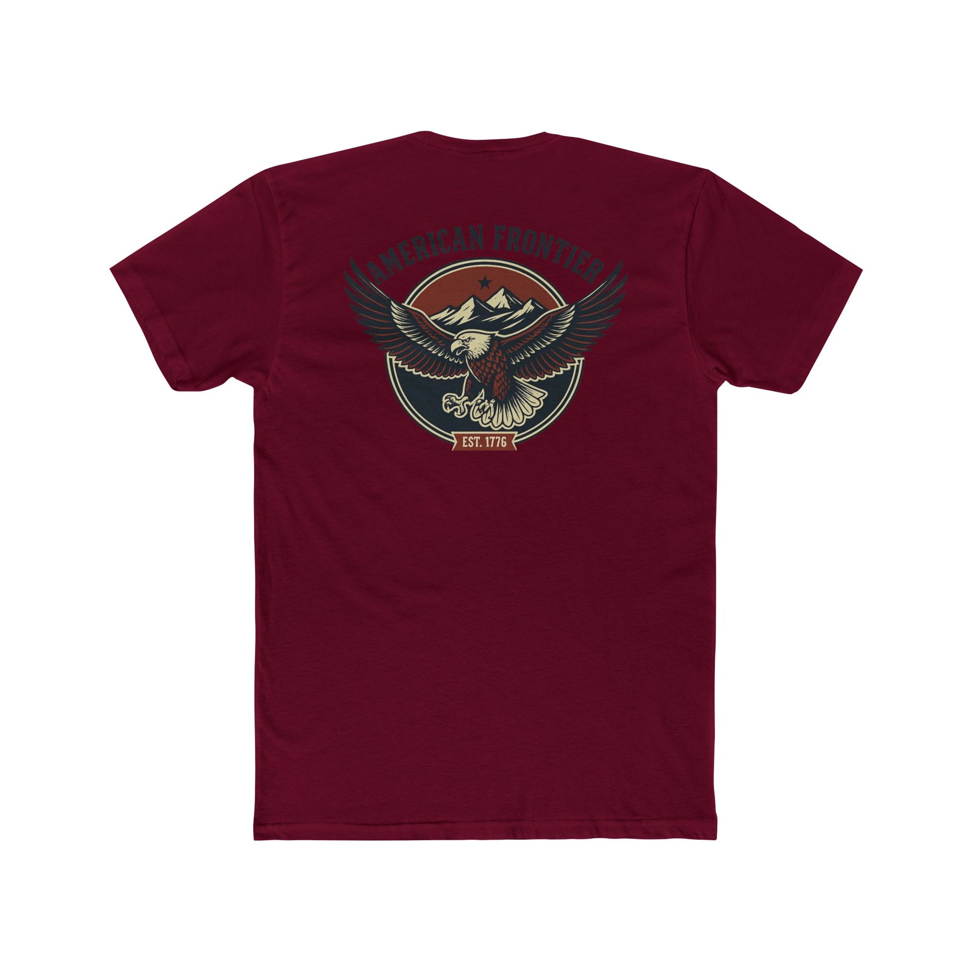 Maroon t-shirt featuring graphic of an eagle, mountains, and the words American Frontier Est 1776 #maroon