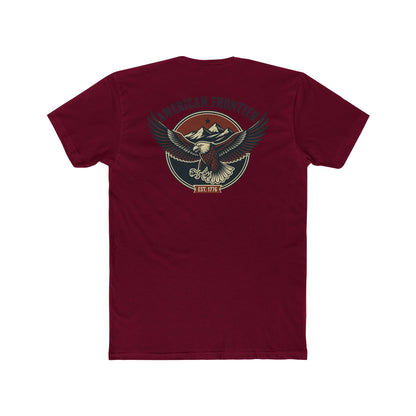 Maroon t-shirt featuring graphic of an eagle, mountains, and the words American Frontier Est 1776 #maroon