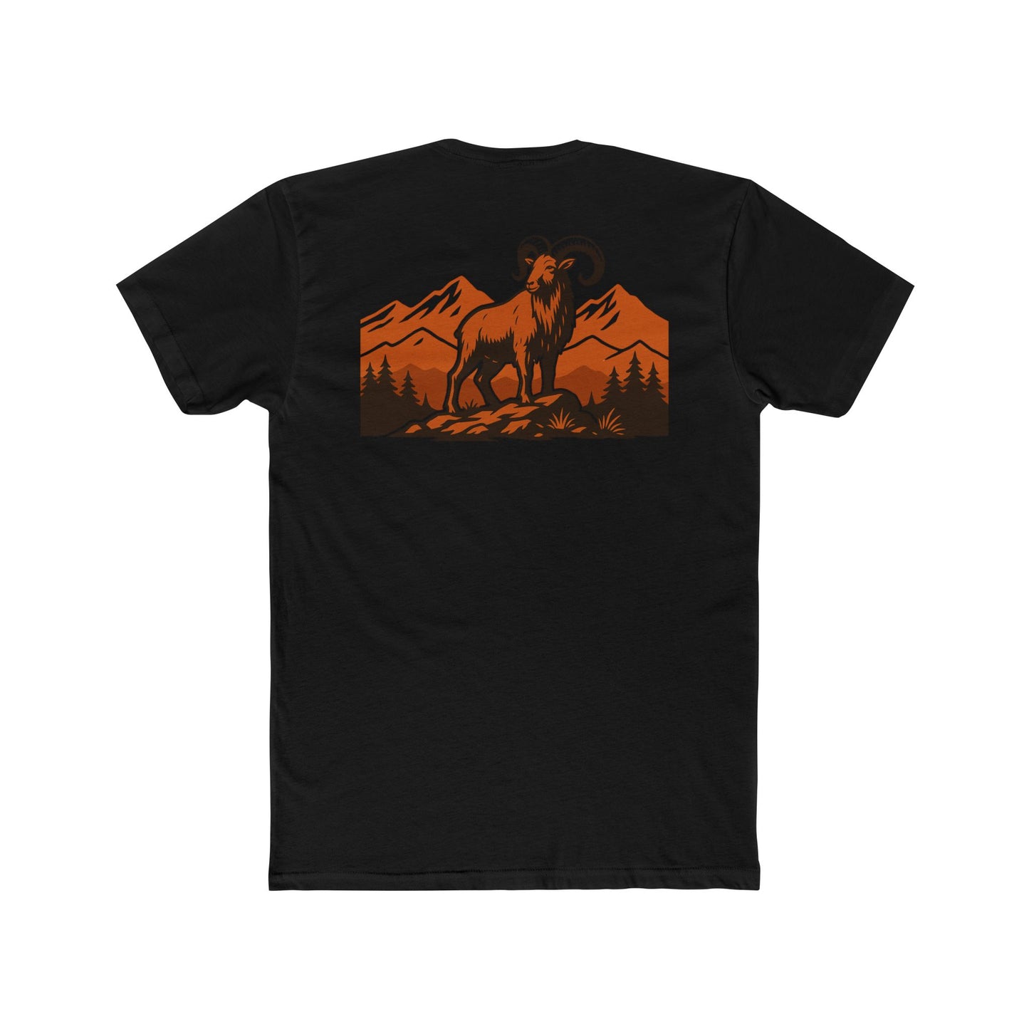 Black t-shirt with graphic of an aoudad in the mountains #black