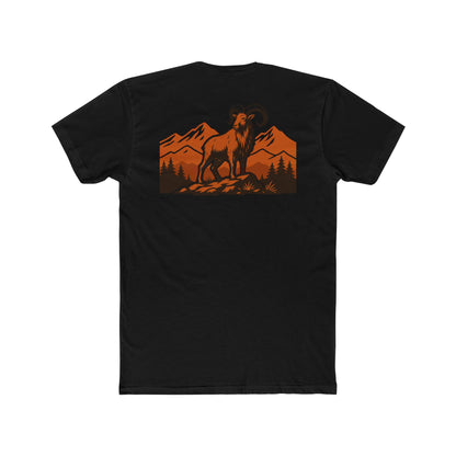 Black t-shirt with graphic of an aoudad in the mountains #black