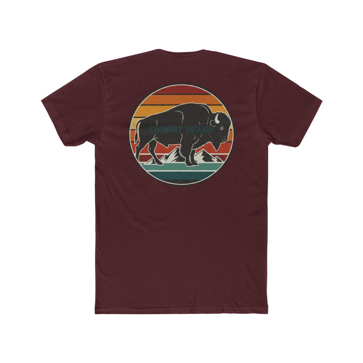 Maroon t-shirt with a bison, sunset and mountain landscape graphic #maroon