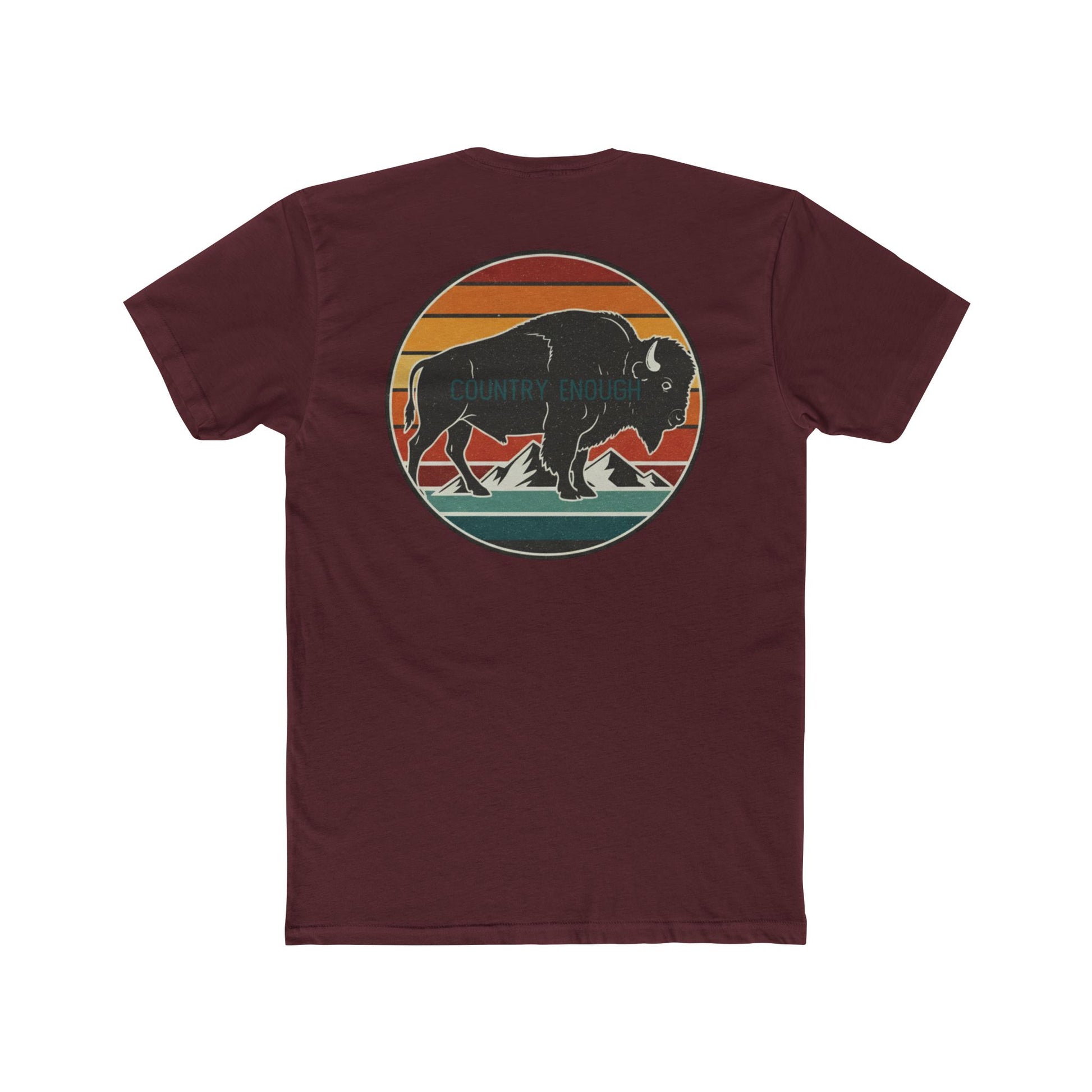 Maroon t-shirt with a bison, sunset and mountain landscape graphic #maroon