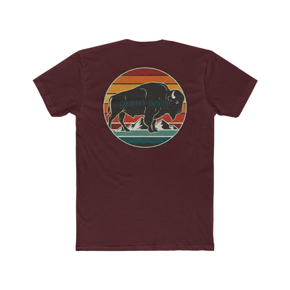 Maroon t-shirt with a bison, sunset and mountain landscape graphic #maroon