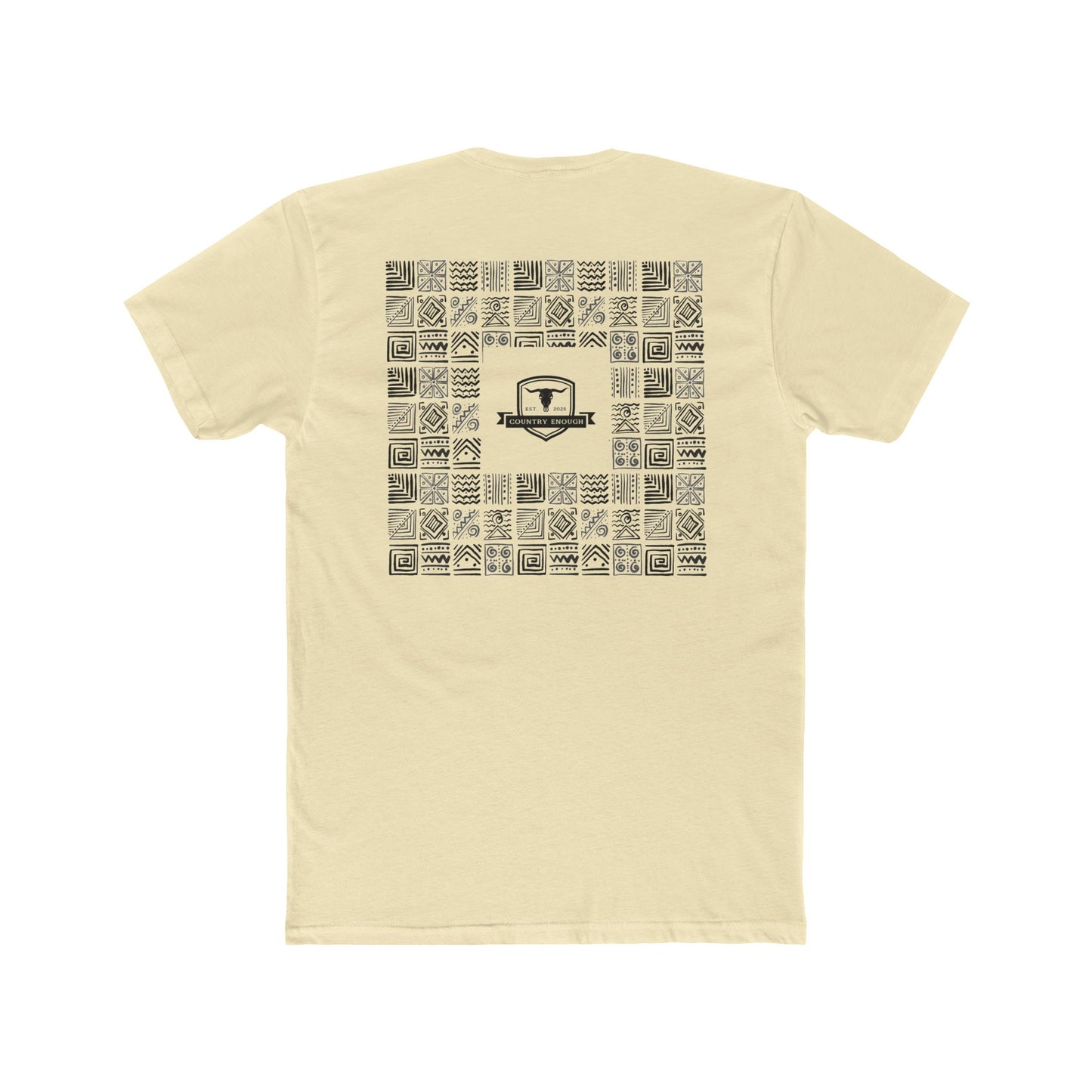 Natural t-shirt with graphic of aztec patterns arranged in a square with country enough logo in the center #natural