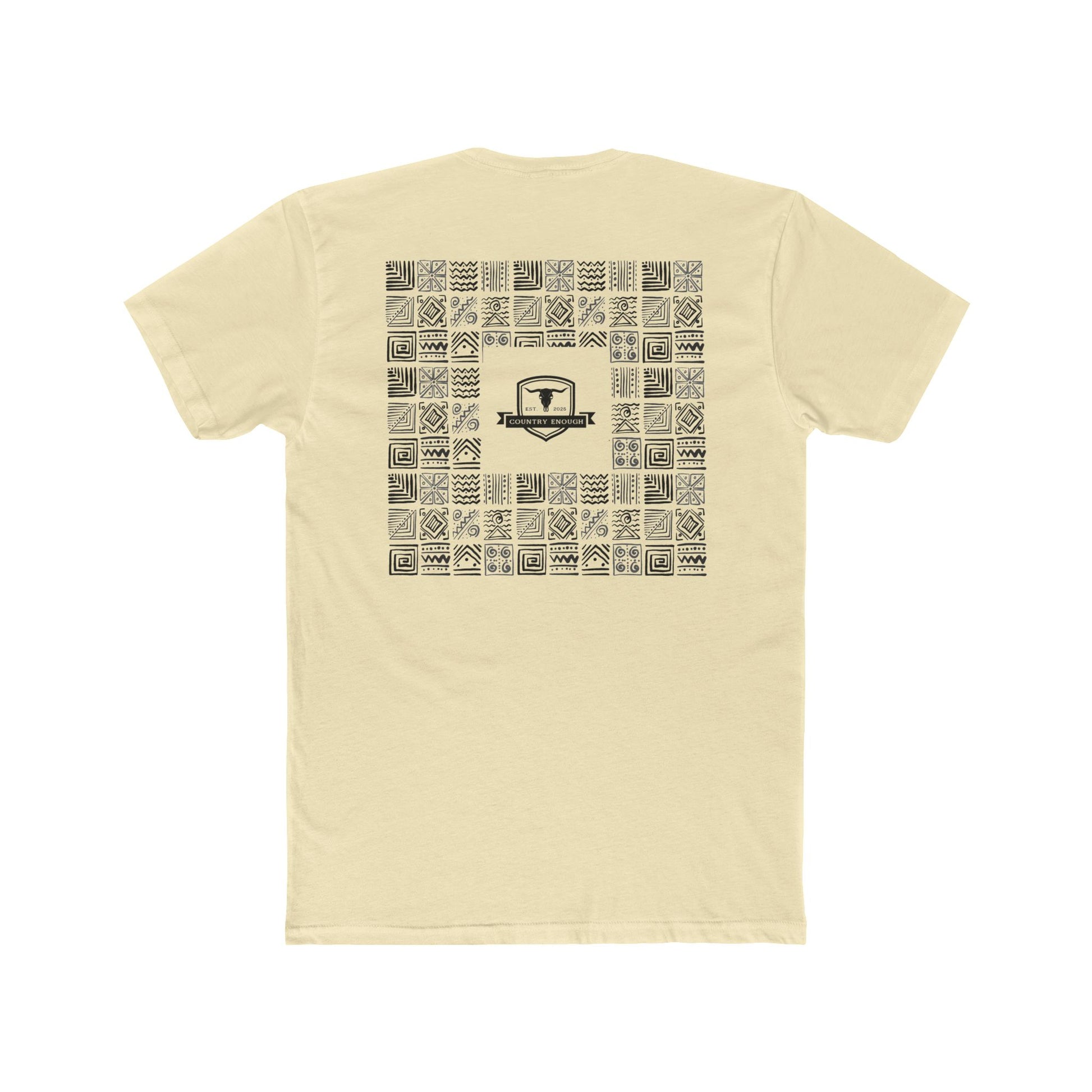 Natural t-shirt with graphic of aztec patterns arranged in a square with country enough logo in the center #natural